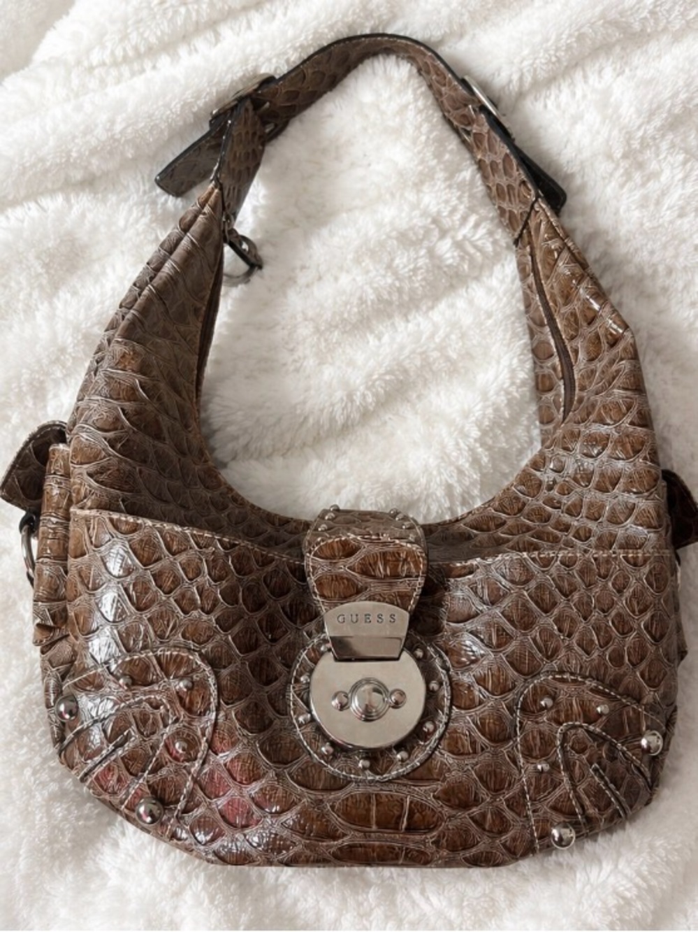 GUESS Brown Croc-Embossed Hobo with Silver-Tone Turn Lock